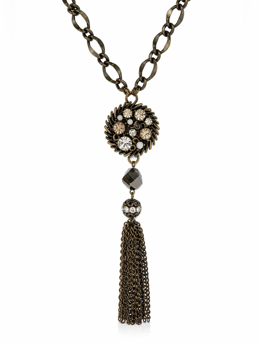 LOFT Crystal Tassel Antique Brass Boho Glam Statement Necklace